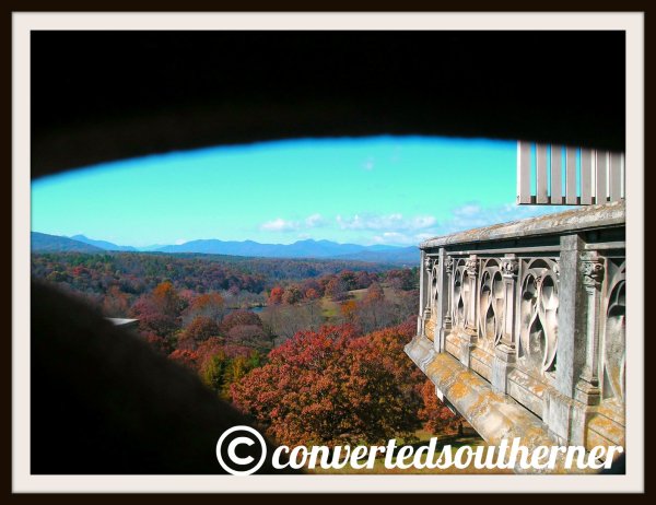 Looking at the Blue Ridge Mountains from the side piazzas of the Biltmore House