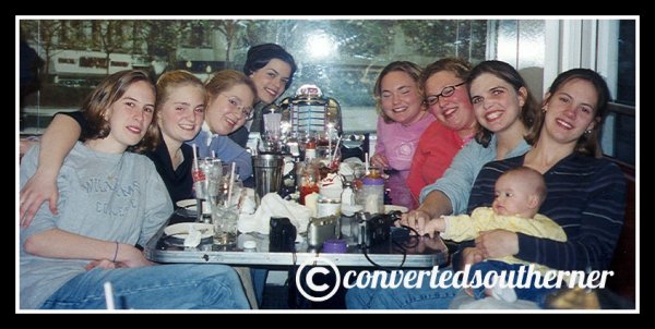 The Bestie and TT's bday dinner. March 2000, Senior year of high school. Left- Cam, Megs, Me, Val. Right- Kel and baby Taylor, Erin, the Bestie and TT