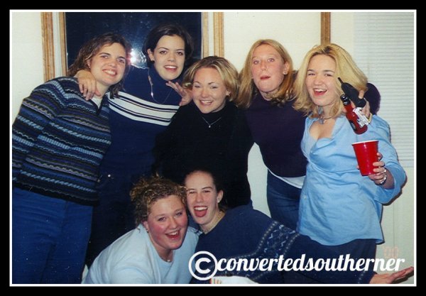 December 31, 2000. New Years Eve freshmen year of college. L to R- Erin, Val, TT, Lisa, me (very blonde). The Bestie and Cam