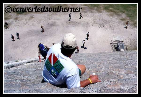 Climbing down the temple at Chichen Itza