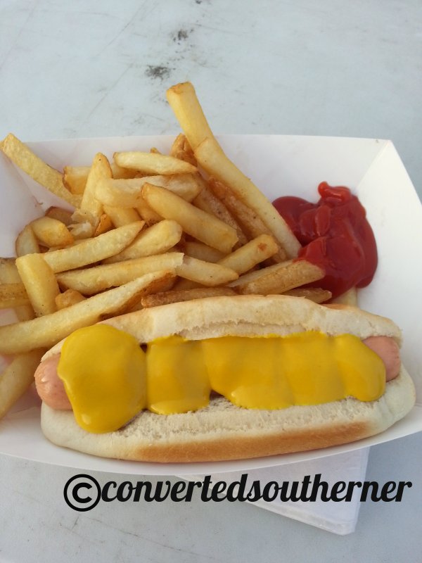 Dinner on the first night, I like mine with more mustard than hotdog. 