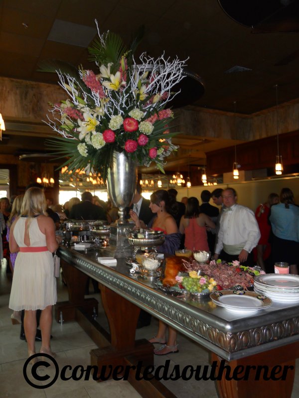 One of the buffet lines inside with heavy appetizers. It was a really pretty venue inside (if oddly shaped) and the display pieces were nice. 
