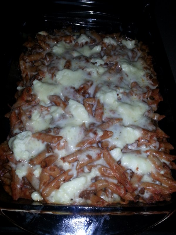 Done! Baked mostaccioli and soooo good!